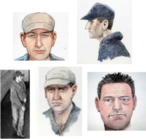 Figure 1. Phantom drawings and surveillance shots of the Pocket Man published in the media.