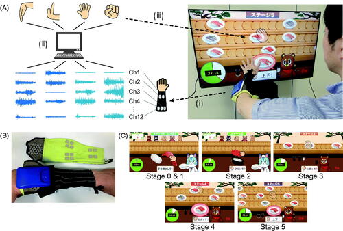 Figure 1. An overview of the electromyography-controlled gamified exercise system. A. (i) Muscle activities were measured from the forearm via 12 channels of surface electromyography (EMG). (ii) Attempted movements were estimated by EMG activity patterns based on a mathematical model. (iii) The information of the estimated movements was used to play the game. B. The sleeve-type electrodes. C. Screenshots of the game. The game consists of six stages, from 0 to 5, which have different levels of difficulties. Stage 5 is the most difficult stage.