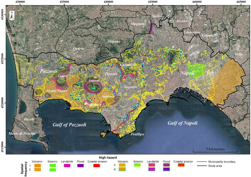 Figure 4. Hotspots map displaying both areas affected by high hazard for the single dangerous event and areas characterized by the concomitance of two or more hazards.