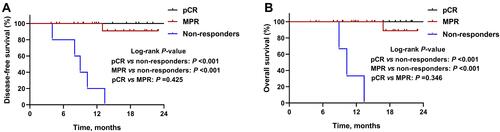 Figure 2 Kaplan–Meier survival curves stratified by pathological responses. (A) Disease-free survival and (B) overall survival for patients with major pathological response (MPR), complete pathological response (pCR), or non-responders.