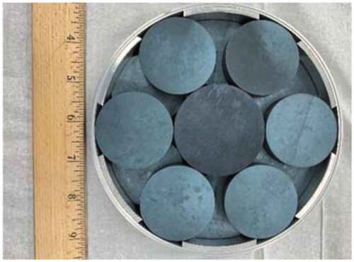 Fig. 5. Yttrium hydride inner discs within a molybdenum can before the lid was welded on.