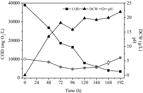 Figure 1. Time course of soybean wastewater COD, A. niger biomass, and pH during cultivation. DCW: dry cell weight.