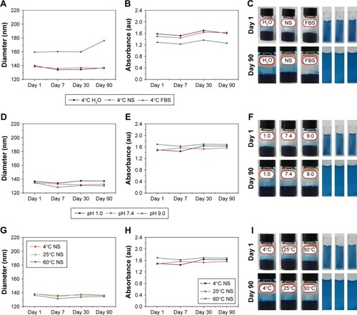 Figure 3 Stability assessment measured using changes in hydrodynamic diameter and UV-vis absorption.Notes: OPBs were dispersed in solutions with different pH value (A–C), or different solutions including H2O, NS, FBS (D–F) or under different temperature (G–I) and incubated over a period of 90 days. (A, D, G) Variation of size distribution of OPBs. (B, E, H) The variation of absorption at 808 nm. (C, F, I) Digital photographs of OPBs solution at day 1th and day 90th.Abbreviations: OPBs, optimized Prussian blue nanoparticles; UV-vis, ultraviolet-visible spectroscopy; NS, normal saline; FBS, fetal bovine serum.