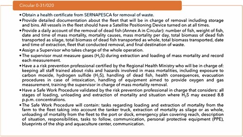 Box 1. Circular 0–31 establishes the safety measures that must be adopted in cases of mass fish mortality. Source: Chile Citation2020a.