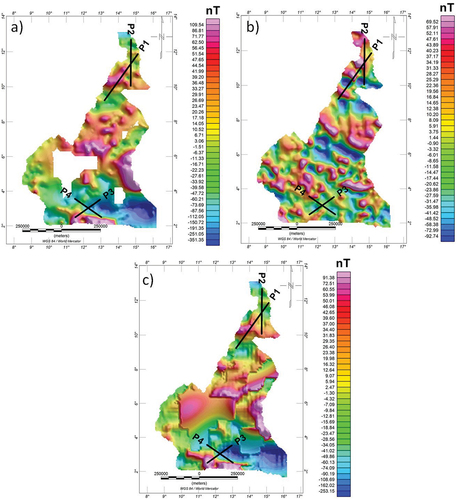 Figure 2. Total magnetic intensity maps of Cameroon extracted from geomagnetic models with the 4 profiles used for comparison superimposed on each model: (a) EMAG2v2; (b) EMAG2V3; (c) WDMAM v2.0. We can observe similarities in the extension and intensity of the magnetic signal between both EMAG2v2 and WDMAM v2.0 models.