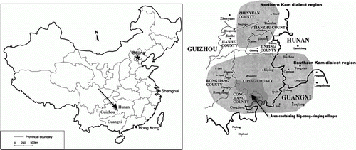 Figure 1  Left: Map of China, showing the two provinces (Guizhou and Hunan Provinces) and one autonomous region (Guangxi Zhuang Autonomous Region) where most Kam people reside (major cities are also marked). The general area of Kam residence is indicated with an arrow. Map by Wu Jiaping. Right: Map showing Northern and Southern Kam dialect regions (shaded pale grey); the approximate area containing big-song-singing villages is shaded in dark grey and indicated with an arrow (adapted from Edmondson & Solnit 1988b, p. 21).