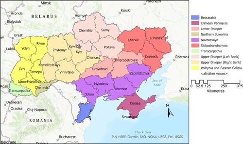 Figure 2. Ukraine through the ages.Note: Soviet era oblast borders are not always exactly the same as those of former historical regions of Ukraine, especially in the lower Dnieper area.