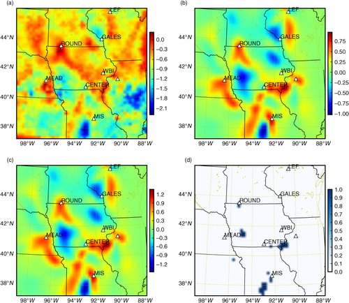 Fig. 2 Inversion results with the optimal hyperparameter σ o, σ b and L (20 km) under the maximum likelihood (ML) criterion for the first week of June in 2007. The fluxes are in g C m−2 d−1. (a) Daytime inverted surface fluxes; (b) correction of the daytime inverted fluxes against the prior SiBcrop fluxes; (c) flux corrections of (b) normalised by σ b; (d) regions where the flux corrections of (b) are within one-sigma (indexed by 0) or out of one-sigma but within two-sigma (indexed by one).