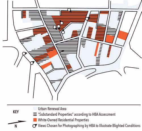 Figure 16. Comparison of photograph positions and patterns of ownership reveals that the “typical” conditions of Vinegar Hill were the result of neglect by white property owners residing elsewhere. (Image by authors.)