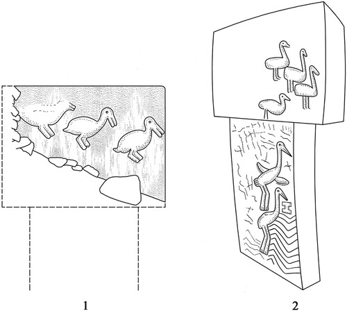 Figure 10 Birds depicted on monumental Pillars C23 and D33, Göbekli Tepe (Busacca Citation2017: fig. 2:C; Schmidt Citation2003: fig. 10).