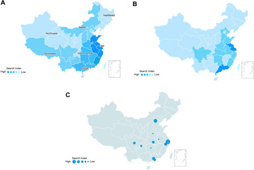 Figure 2 Baidu Index maps for “kidney stones” by region (A), province (B), and city (C), 2014–2018.