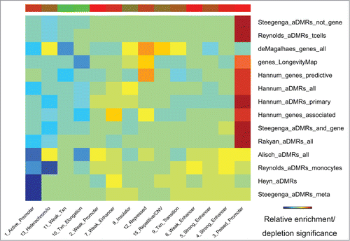 Figure 5. Chromatin states (ENCODE) enriched/depleted in aDMRs and aGENs. Darker blue/red gradient highlights depleted/enriched associations, respectively. Red/green bar gradient defines frequency of epigenomic marks enriched/depleted in aDMRs and aGENs, respectively.