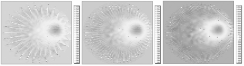 Figure 10. Experimental data reconstruction. Cylinder of radius 1 cm positioned 9 cm from the centre of Ω. From left to right, 30 original, 60 and 120 interpolated electrodes, respectively.