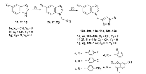Scheme 3. Synthesis of novel benzimidazole and indole derivatives with N-1 substituted 1,2,3-triazole. Reagents and conditions: (i) propargyl bromide, NaH, DMF, Ar atmosphere, 60 °C, 24 h; (ii) corresponding azide, Cu, 1 M CuSO4 solution, tert-butanol: H2O = 1: 1, MW 300 W, 80 °C, 45 min.