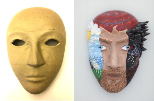 Figure 1. Mask base and a completed mask. Each service member is given a blank papier-mâché mask (left) and asked to transform the template to represent whatever he/she would like regarding their identity. A sailor chose to represent the different facets of himself (right), depicting the face he shows the outer world in contrast with the dual parts of his inner personality, including a bright, peaceful side and a dark, tumultuous side.