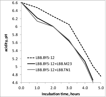 Figure 6. Acidification rate of freeze-dried yoghurt starter for direct application LBB.BY5-12, used in its original form or supplemented with an adjunct culture of fast-acidifying S. thermophilus strains LBB.M23 or LBB.TN1.