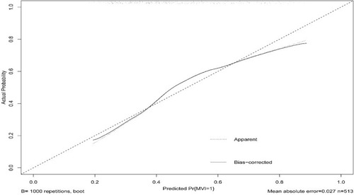 Figure 5 Calibration plot of the nomogram for predicting the risk of MVI.