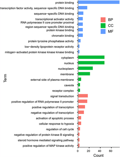 Figure 6 GO analysis on DETGs. The most enriched GO terms in the biological process (BP) category were “signal transduction”, “positive regulation of RNA polymerase II promoter”. The most enriched GO terms in the cellular component (CC) category were “cytoplasm”, “nucleus”. The most enriched GO terms in the molecular function (MF) category were “protein binding” and “transcription factor activity, sequence−specific DNA binding”.