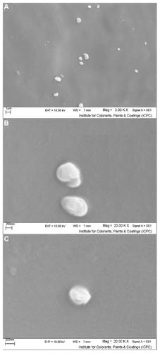 Figure 2 Scanning electron micrographs of freshly prepared solid lipid nanoparticles loaded with triamcinolone acetonide; (A) 3.00 K× resolution, (B and C) 20.00 K× resolution.