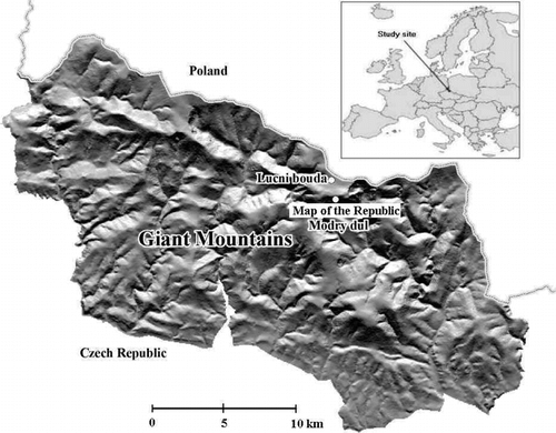 FIGURE 1.  Situation of the investigated area in Europe and in the Giant Mountains; two locations are marked: Lucni Bouda chalet, where snowpack depths and duration of snow cover are regularly recorded, and Modry Dul valley, where the detailed study of the Map of the Republic took place