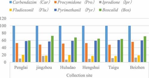 Figure 4. Resistance of B. cinerea to main fungicides in major grape-producing areas in China