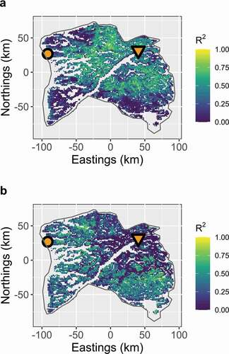 Figure 4. Proportion of interannual variance in green-up timing explained by (a) temperature and (b) snowmelt across the Kangerlussuaq–Sisimiut region (2001–2018). In general, temperature and snowmelt are inversely predictive of green-up timing (p < .001); areas exhibiting a strong relationship between temperature and green-up timing tend to exhibit a weak relationship between snowmelt timing and green-up timing and vice versa. Weather stations are denoted with an orange circle (Sisimiut) and triangle (Kangerlussuaq)