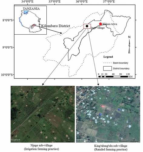 Figure 1. Figure indicating study sites at Kilombero Valley. Njage sub-village is located close to Kilombero wetland, and they practice irrigation farming, while King’ulung’ulu is located near to residential areas and Udzungwa reserve, and they practice rainfed farming. The two sub-villages are located at Njage village.