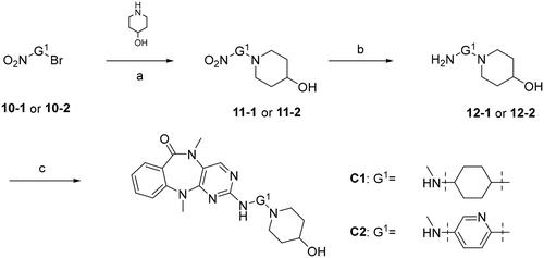 Scheme 3. Synthesis of compounds C1, C2. (a) K2CO3, DMF, 50 °C, 80–96%; (b) SnCl2·2H2O, EtOAc, 70 °C, 52–78%; (c) Pd(OAc)2, XPhos, Cs2CO3, t-BuOH, 110 °C, 35–46%.