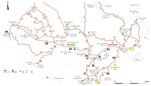 Figure 4. Hiking map of Mt. Penna and Mt. Aiona area; (1) High route of the Ligurian Mountains; (2) Hiking federation path symbol (example); (3) Trekking route of Aveto Natural Park; (4) Road (a), dirt road (b).