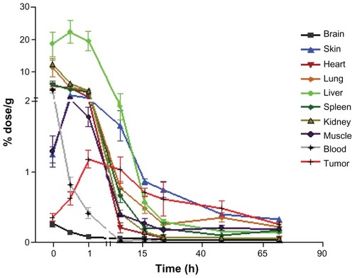 Figure 4B Biodistribution of 14C-labeled paclitaxel in Taxol® in nude mice with subcutaneous ovarian SKOV-3 xenografts.14C-PTX (Taxol) accumulation in tumor tissue reached a peak at one hour post injection, then decreased gradually, showing levels close to those in normal organs 16 hours post injection. 14C-PTX showed much higher uptake in normal organs, including the heart, spleen, lung and kidney, especially in the liver, compared with tumor tissue in the beginning, but decreased very rapidly within 24 hours.Abbreviation: 14C-PTX, 14C-labeled paclitaxel.