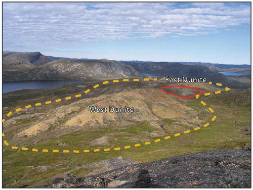 Figure 2. View of the Niaqornarssuit complex, highlighting characteristic features of the study area terrane (e.g. variability in spatial continuity of exposed outcrop, lichen coatings, and low-lying vegetation cover)