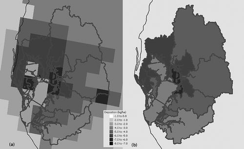 Figure 11. CMAQ-modeled changes in watershed N deposition for 2002 base case and 2020 future scenario emissions for Tampa Bay and its watershed, processed with WDT from CMAQ 2002 12-km gridded scale output: (a) change in gridded N deposition rates (kg N ha−1); (b) change in average N deposition rates by watershed basin and bay segment (kg N ha−1).