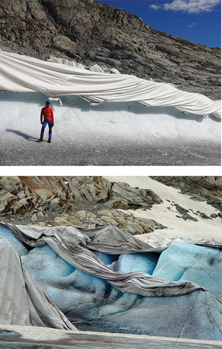 Figure 4. Top: The effects of glacier coverage with tarpaulins at the Rhône Glacier, Switzerland are short-lived. When first installed, approximately 4 meters (a little over 13 feet) of ice melt had been prevented over the course of 12 months. Bottom: Unfortunately, after a few years, these geotextiles become dirty and torn and no longer have any helpful effect. Photos courtesy of Matthias Huss.