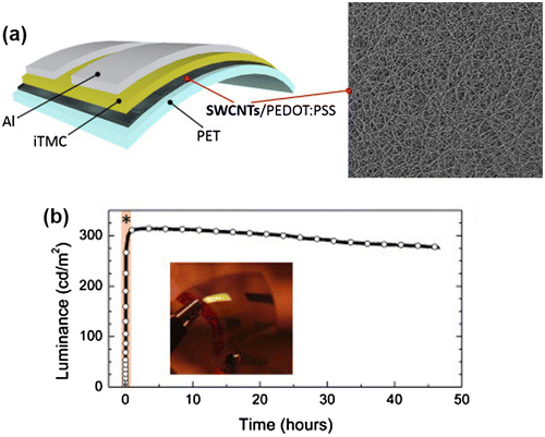 Figure 13. (a) Schematics of the flexible device layout built on the PET/CNTs/PEDOT:PSS conducting substrate and SEM image of CNT films; iTMC stands for ionic transition metal complex (b) Global luminance versus time. (Reprinted with permission from [Citation186], copyright 2016 Elsevier.)