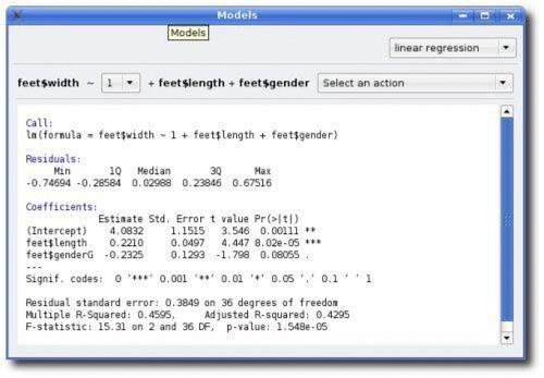 Figure 6: The Models dialog showing the output of an ANCOVA model for width modeled by length and gender. This dialog was used by dragging variable names from the variable browser and dropping them where the formula is specified on the top left. Only main effects can be added by dragging and dropping (without editing the formula by hand). More complicated models may be fit using a dialog found under Models::Regression::lm} menu item.