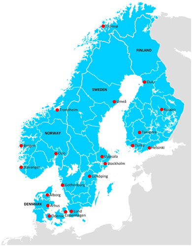 Figure 2. HPB Centers in the nordic countries. All centers (n = 20) participated in the survey. Created with www.nordmap.se.