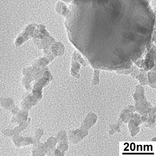 FIG. 4 High-resolution TEM image of particles of the small size mode and a large particle. 177 × 177 mm (400 × 400 DPI).