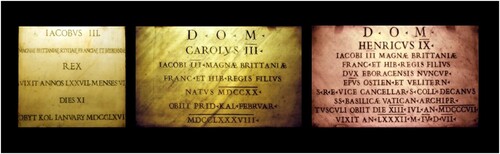 Figure 10 Small headstones recognising the final three exiled Stuarts with their regnal ordinals(Pontifical Scots College, Rome)