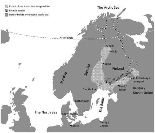 Figure 1. Finnish ports and the Baltic region showing Finland’s borders at different times and the approximate extent of sea ice in winter. Continuous arctic ice rarely reaches Scandinavia. Source: © Aaro Sahari CC BY 4.0.