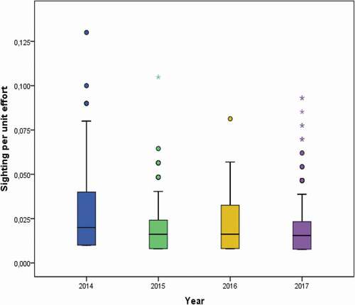 Figure 4. Box plot showing whale sharks sighting per unit effort (SPUE) during the study period (2014–2017)