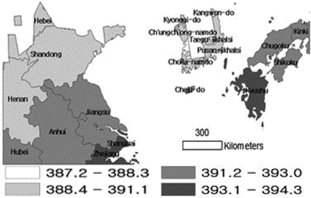 Figure 4. Level 3 XCO2 concentrations (unit: ppm) for first-level administrative regions (provinces and states) with a temperate climate in Northeast Asia.