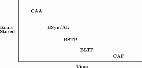 Figure 10. Memory hierarchy: different binding mechanisms provide a possible answer for the wide range of memory duration CAA, CA activation; BSyn, binding via synchrony; AL, binding via active links; BSTP, binding by STP; BLTP, binding by LTP; CAF, CA formation.