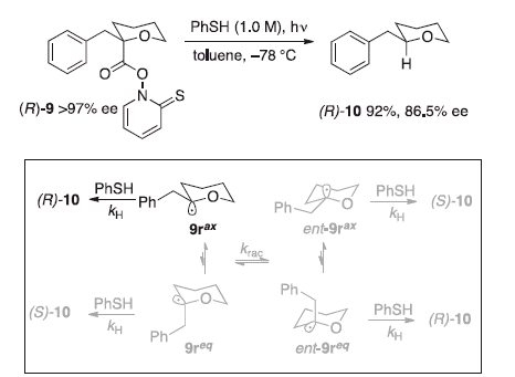 Scheme 4. MoC in the decarboxylation of a tetrahydropyran-2-carboxylic acid derivative (major reaction pathway depicted in black, kH× [PhSH] > krac).