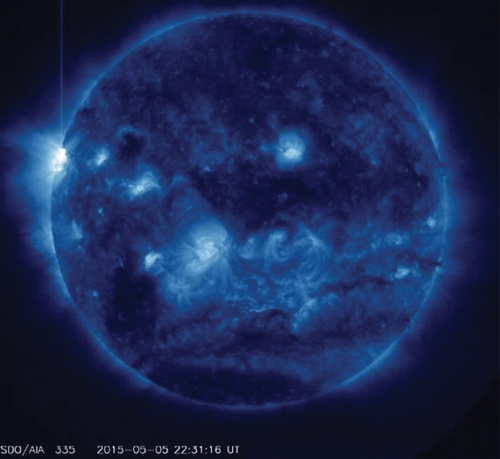 Figure 3. Image of an X2.7 solar flare (visible on left side of sun) on 5 May 2015.