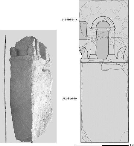 Figure 14. Photo and reconstruction of the monumental architectural block (Danish-German Jerash North-west Quarter Project).