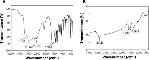 Figure 3 FT-IR spectra of pure Cys molecules (A) and FePt-Cys NPs (B).Abbreviations: Cys, l-cysteine; FePt-Cys, l-cysteine coated FePt; FT-IR, Fourier transform infrared spectroscopy; NPs, nanoparticles.
