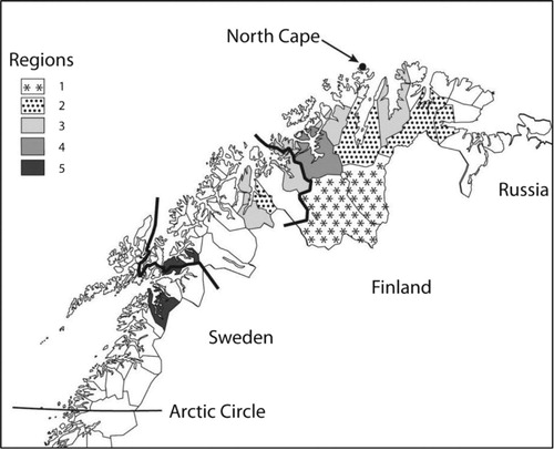 Fig. 2.  Sámi regions defined for this study*. *Detailed Region labels: 1, Inner Language Area (2 municipalities); 2, Outer Language Area (4 municipalities); 3, Areas of Northern Troms/Finnmark (6 municipalities); 4, Alta municipality; 5, Areas of Nordland/Southern Troms (4 municipalities). The 6 municipalities in Region 1 and 2 together with 2 of those in Region 5 (the southernmost and the northernmost) make up those 8 municipalities in the Sámi Language Administrative District in 2013 that are included in our study area.