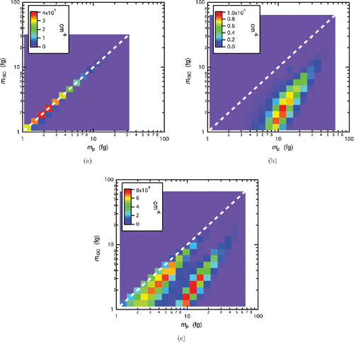 Figure 3. Histogram representation of two-variable distributions, , for (a) uncoated, bare rBC particles, (b) coated rBC particles which have undergone photooxidation with p-xylene under UV lights for 7 h, and (c) mixture of coated and uncoated rBC distributions. The white dashed line represents where .