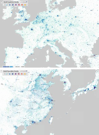 Figure 1. Global population density sub-continental scale examples at 1 km cell resolution: Europe (top) and East Asia (bottom).