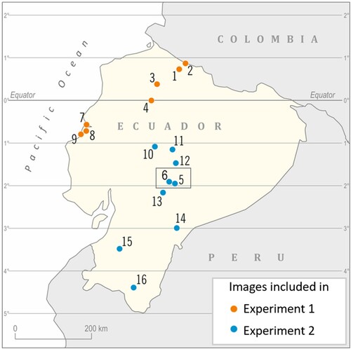 Figure 10. Approximate locations of the sites of sampled imagery used in the experiments. Images 5 and 6 are highlighted because Experiment 1 revealed ambiguous results for these, leading to sampling more images from south of the Equator line. The images 5 and 6 were used again in Experiment 2 due to regional coherence, and excluded from analysis of Experiment 1 data. In total we analyze the data for 16 images.